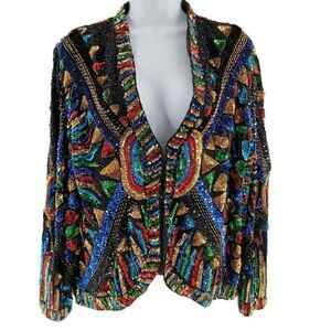 Brilliant Vintage Black Silk Jacket | Hand Embellished with Multicolored Beads &